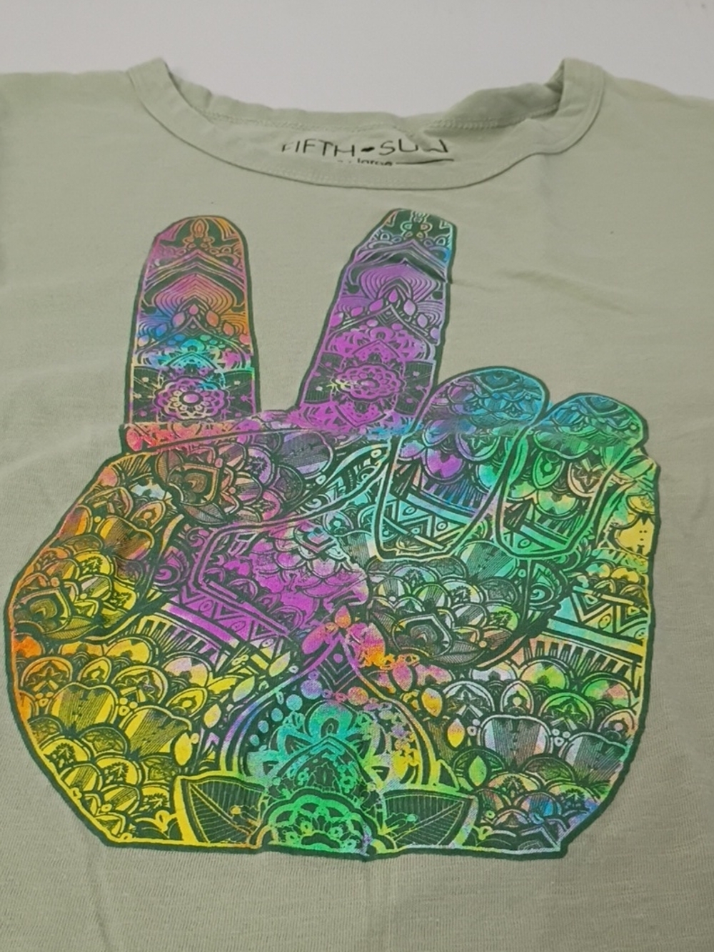Fifth Sun Mint Green Kids Tee with Multicolor Rainbow Peace Hand Graphic